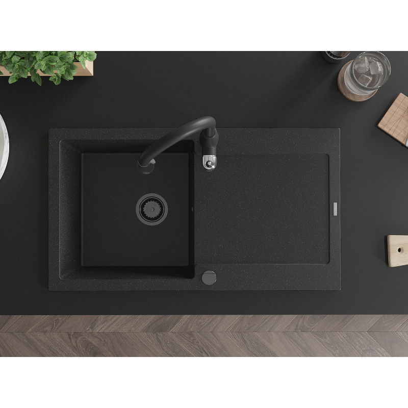 Mexen Leo гранитна мивка с една камера и отцедник и кухненски смесител Savita, черен/сребрист металик - 6501-73-672601-70-B