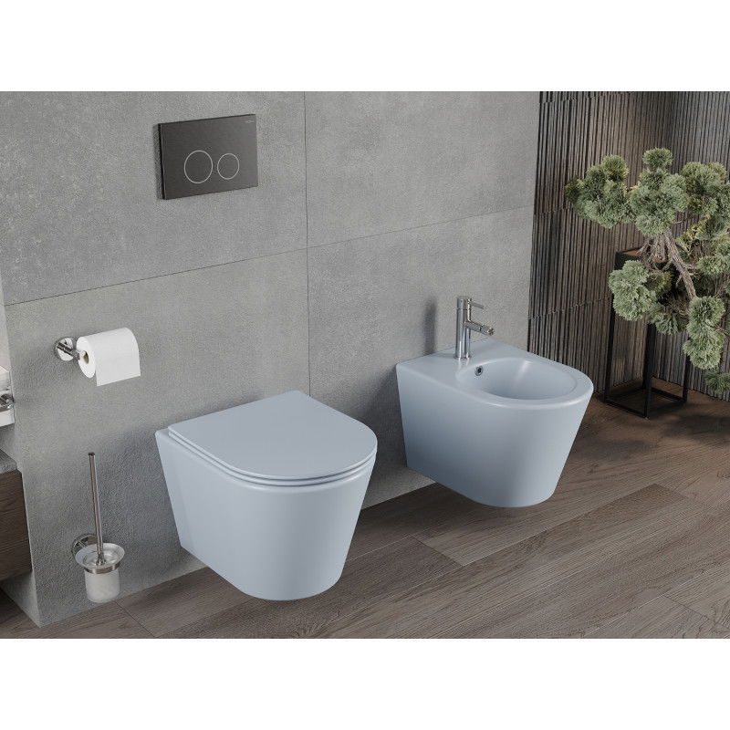 Mexen Rico Rimless WC с тоалетна чиния и плъзгаща се седалка slim, дуропласт, сиво-син мат - 30724069