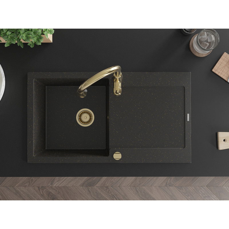 Mexen Leo кухненска мивка гранитна с 1 камера, с отцедник и кухненски смесител Savita, черен/златен металик - 6501-75-672601-50