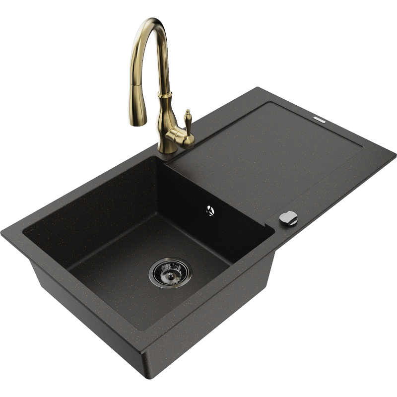 Mexen Leo гранитна мивка с 1 камера с оцекател и кухненски смесител Savita,