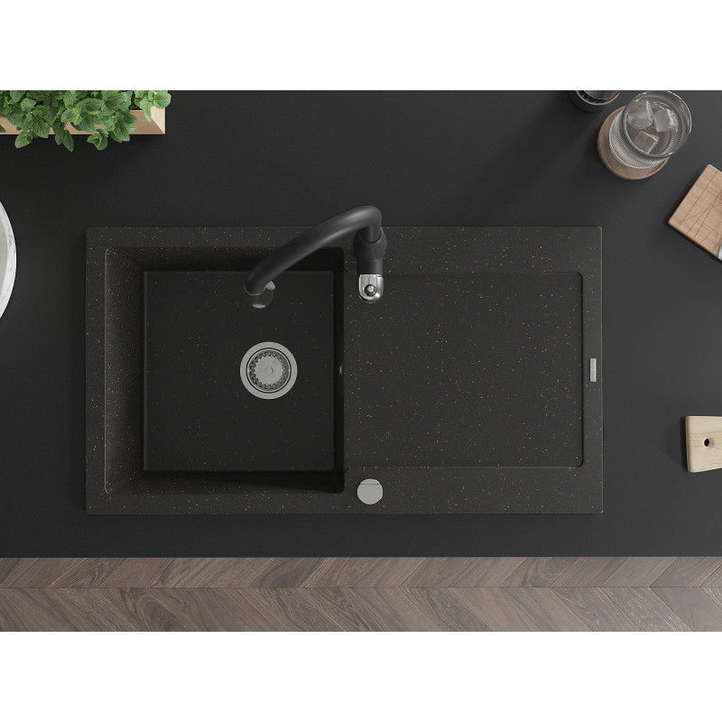Mexen Leo мивка от гранит с 1 камера, с отцедник и кухненски смесител Savita, черен/златен металик - 6501-75-672601-70