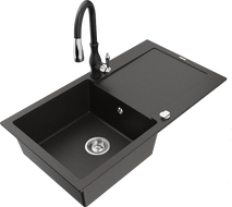 Mexen Leo мивка от гранит с 1 камера, с отцедник и кухненски смесител Savita, черен/златен металик - 6501-75-672601-70