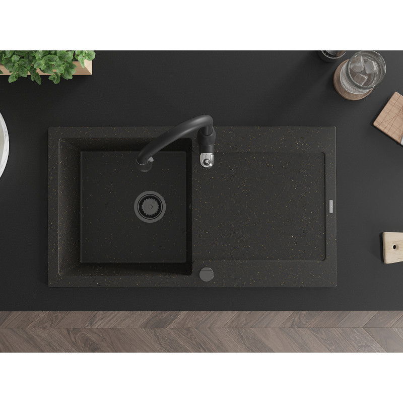 Mexen Leo гранитна мивка с 1 отделение с дренаж и кухненски смесител Savita, черен/златист металик - 6501-75-672601-70-B