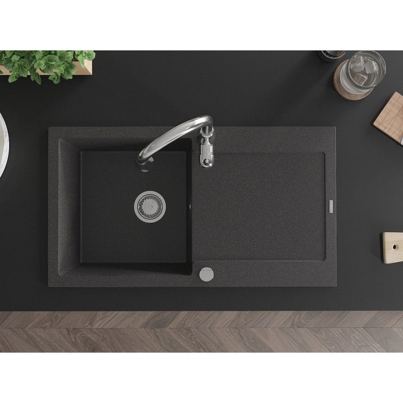 Mexen Leo кухненска мивка от гранит, 1-камерна с отцедник и кухненски смесител Savita, черно напръскано - 6501-76-672601-00