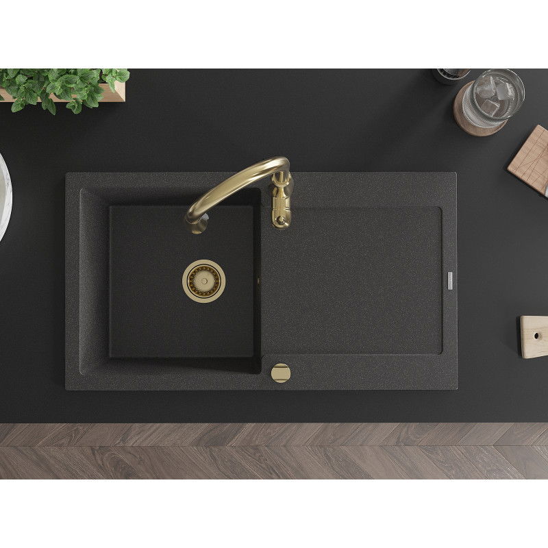 Mexen Leo гранитна мивка с 1 отделение с отцедник и кухненски кран Savita, черно на пръски - 6501-76-672601-50