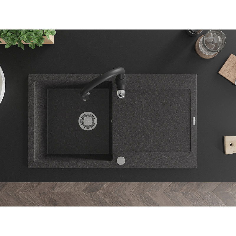 Mexen Leo гранитна мивка с 1 отделение и отцедник и кухненски смесител Savita, черен на пръски - 6501-76-672601-70