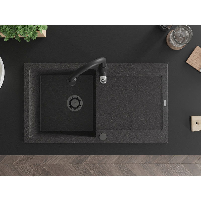Mexen Leo гранитна мивка с 1 отделение с отцедник и кухненски смесител Savita, черен петна - 6501-76-672601-70-B