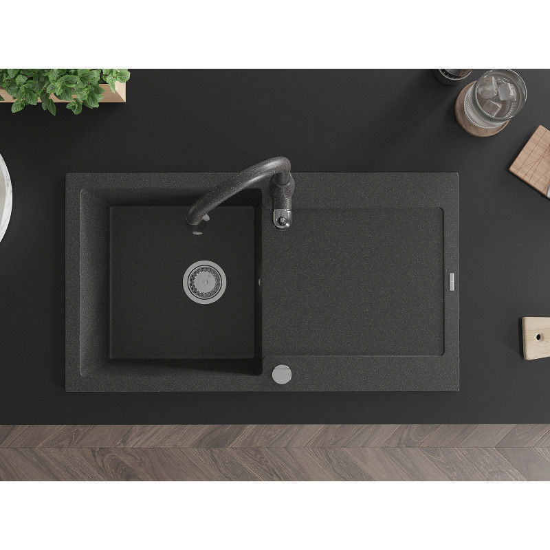 Mexen Leo гранитна мивка с 1 отделение, сушилня и кухненски смесител Savita, черен на пръски - 6501-76-672601-76