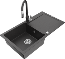 Mexen Leo гранитна мивка с 1 отделение, сушилня и кухненски смесител Savita, черен на пръски - 6501-76-672601-76