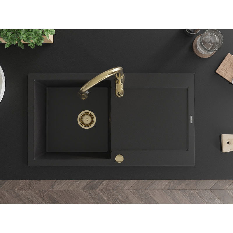 Mexen Leo гранитна мивка с 1 отделение с отцедник и кухненски смесител Savita, черен - 6501-77-672601-50