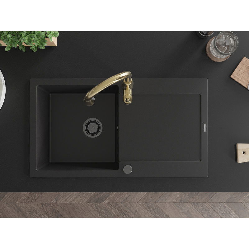 Mexen Leo гранитна мивка с 1 гнездо, дренираща дъска и кухня батерия Savita, черен - 6501-77-672601-50-B