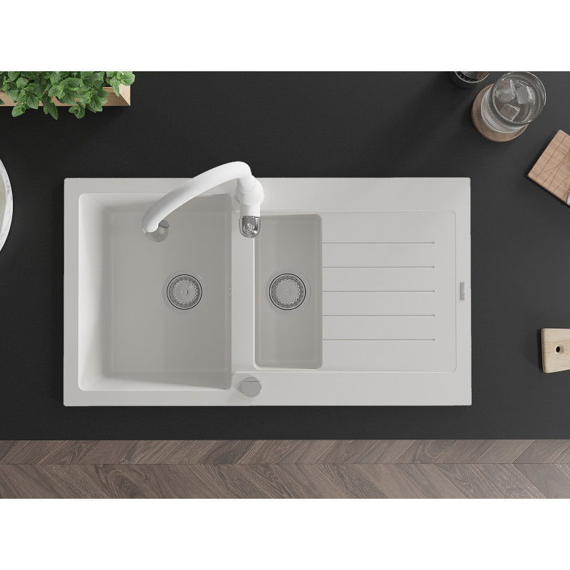 Mexen Matias гранитна мивка 1,5-коморна с дренаж и кухненски смесител Savita, бял - 6502-20-672601-20