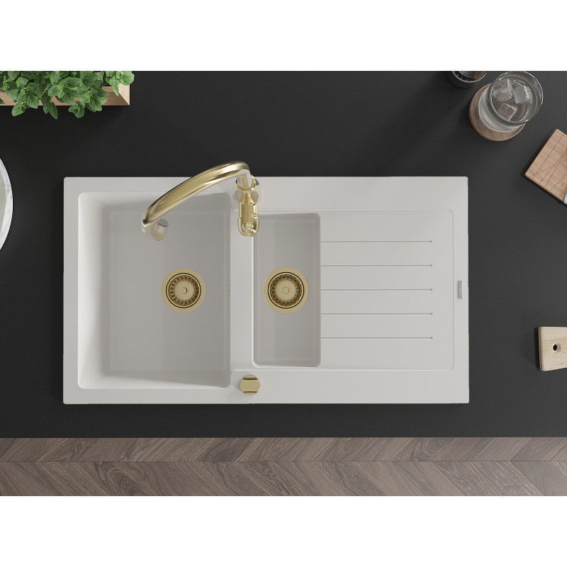 Mexen Matias гранитна мивка 1,5-камерна с отцедник и кухненски смесител Savita, бял - 6502-20-672601-50