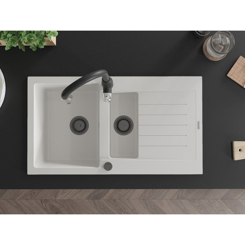 Mexen Matias гранитна мивка с 1,5 камери с отцедник и кухненски смесител Savita, бял - 6502-20-672601-70