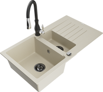Mexen Matias гранитна мивка с 1,5 отделения с отцедник и кухненски смесител Savita, бежов - 6502-69-672601-70