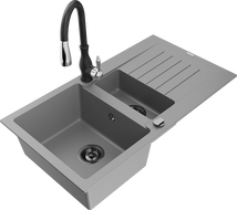 Mexen Matias гранитна мивка с 1,5 камери с отцедник и кухненски смесител Savita, сив - 6502-71-672601-70-B