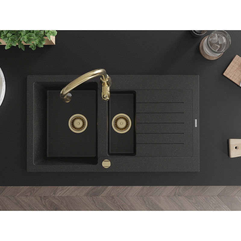 Mexen Matias гранитна мивка 1,5-камерна с отцедник и кухненски смесител Savita, черен/сребърен - 6502-73-672601-50