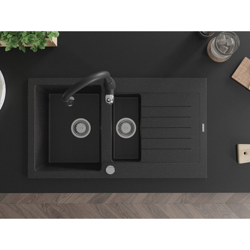 Mexen Matias гранитна мивка с 1,5 корита с отцедник и кухненски смесител Savita,