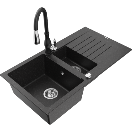 Mexen Matias гранитна мивка с 1,5 корита с отцедник и кухненски смесител Savita,