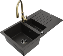 Mexen Matias гранитна мивка 1.5-коморна с отцедник и кухненски смесител Savita, черен/златен - 6502-75-672601-50-B