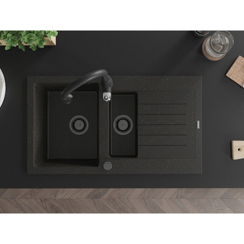 Mexen Matias гранитна мивка 1,5-камерна с отцедник и кухненски смесител Savita, черно/златно - 6502-75-672601-70-B