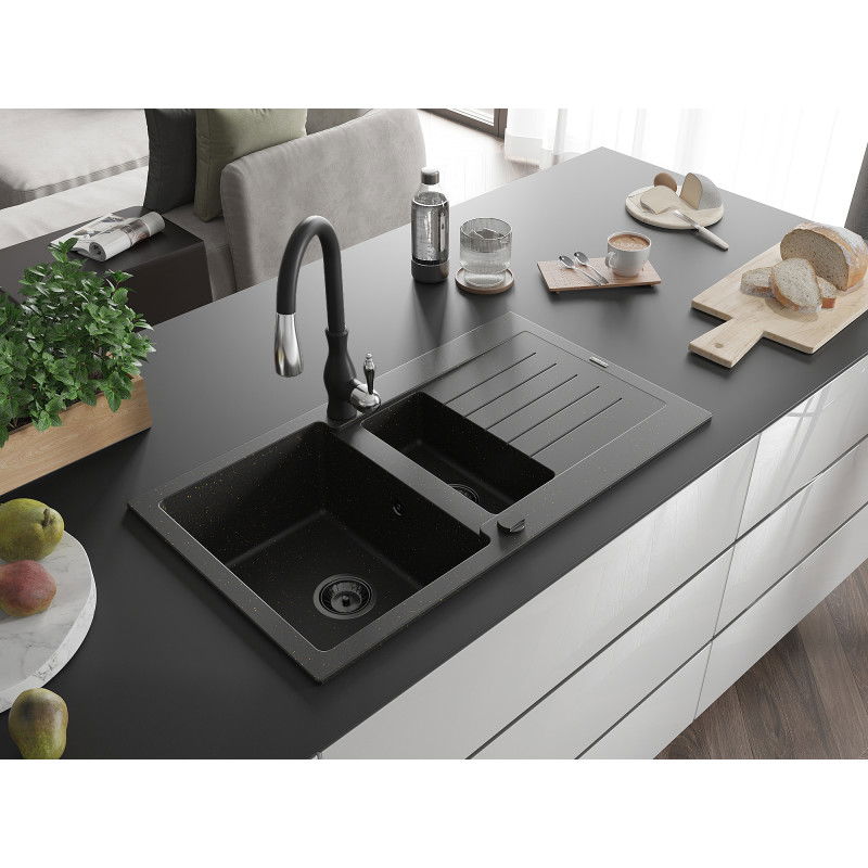 Mexen Matias гранитна мивка 1,5-камерна с отцедник и кухненски смесител Savita, черно/златно - 6502-75-672601-70-B