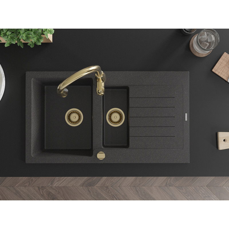 Mexen Matias гранитна мивка с 1,5 камери с отцедник и кухненски смесител Savita,
