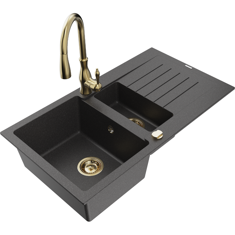 Mexen Matias гранитна мивка с 1,5 камери с отцедник и кухненски смесител Savita,