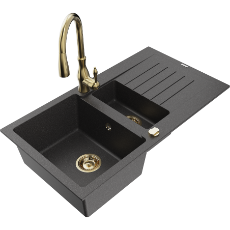 Mexen Matias гранитна мивка с 1,5 камери с отцедник и кухненски смесител Savita,