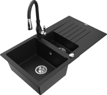 Mexen Matias гранитна мивка с 1,5 камери с отцедник и кухненски смесител Savita,