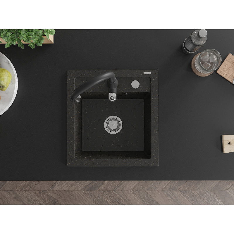 Mexen Vito гранитна мивка с 1 камера с кухненски смесител Savita, черен/златен металик - 6503-75-672601-70