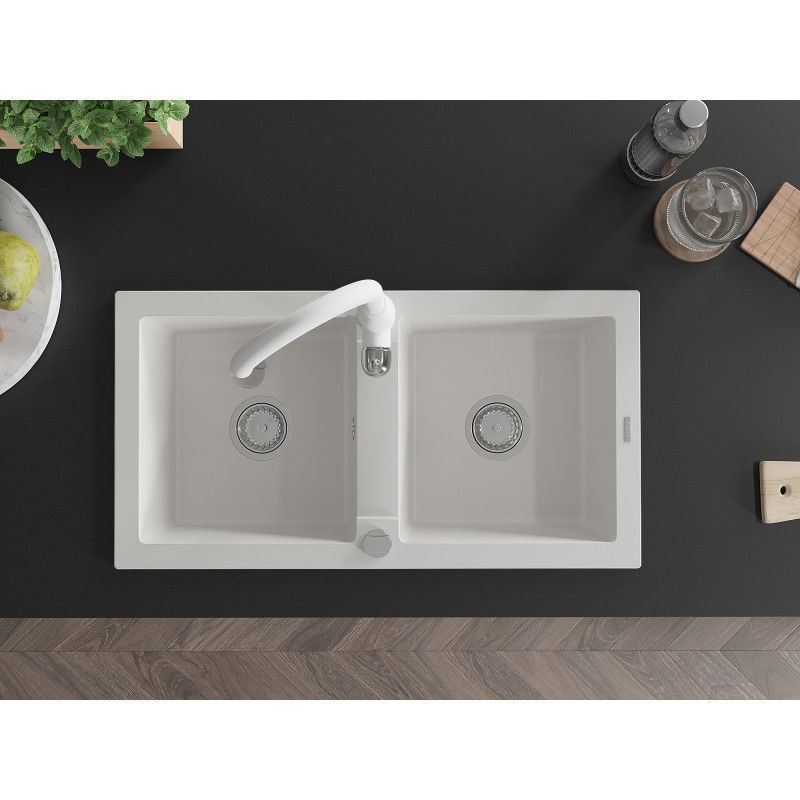 Mexen Mario двоен гранитен кухненски мивка с кухненски смесител Savita, бял - 6504-20-672601-20