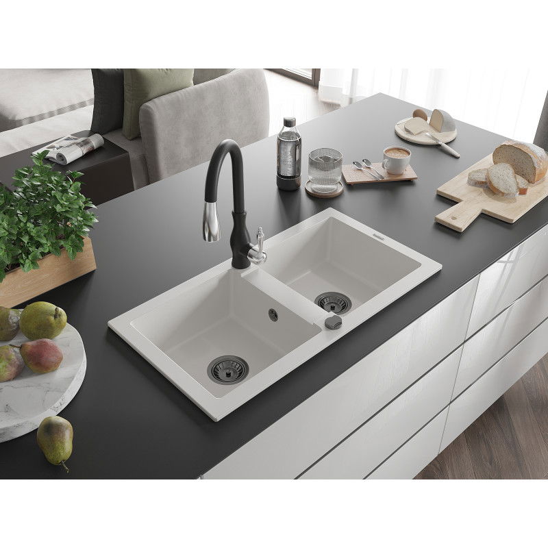Mexen Mario гранитна мивка с 2 корита с кухненски смесител Savita, бял - 6504-20-672601-70