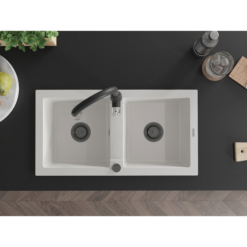 Mexen Mario гранитна мивка с 2 корита с кухненски смесител Savita, бял - 6504-20-672601-70