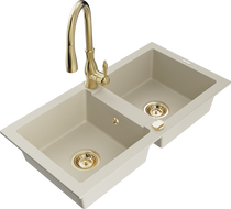 Mexen Mario гранитна мивка с 2 камери с кухненски смесител Savita, бежова