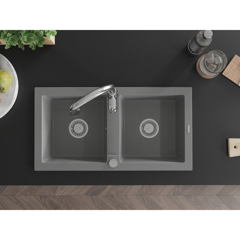 Mexen Mario гранитна мивка с 2 камери и кухненски смесител Savita, сива - 6504-71-672601-00