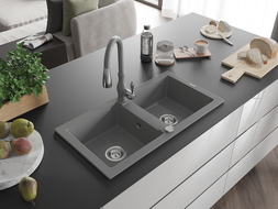 Мексен Марио гранитна мивка 2-компонентна с кухненски кран Савита, сива - 6504-71-672601-71