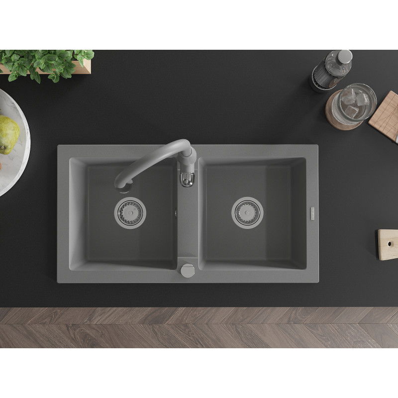 Mexen Mario гранитна мивка с две корита с кухненски смесител Savita, сив - 6504-71-672601-71