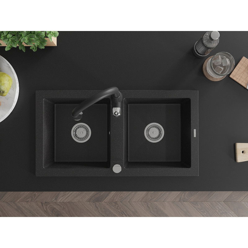 Mexen Mario гранитна мивка с 2 камери и кухненски смесител Savita, черен/сребрист металик - 6504-73-672601-70