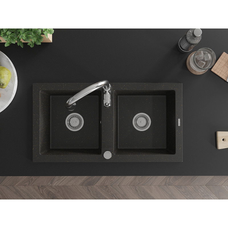 Mexen Mario гранитна мивка с 2 отделения с кухненски смесител Savita, черно/златист металик - 6504-75-672601-00