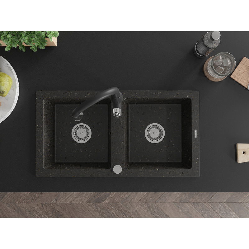 Mexen Mario гранитна мивка с 2 отделения и кухненски смесител Savita, черно/златист металик - 6504-75-672601-70