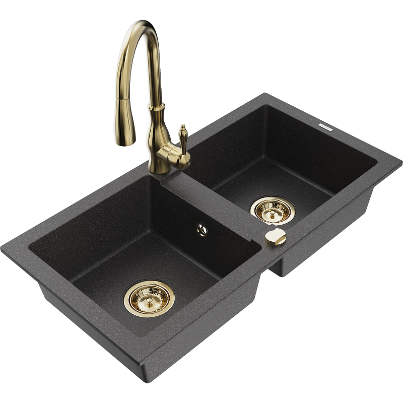 Mexen Mario гранитна кухненска мивка с 2 камери и кухненски смесител Savita,