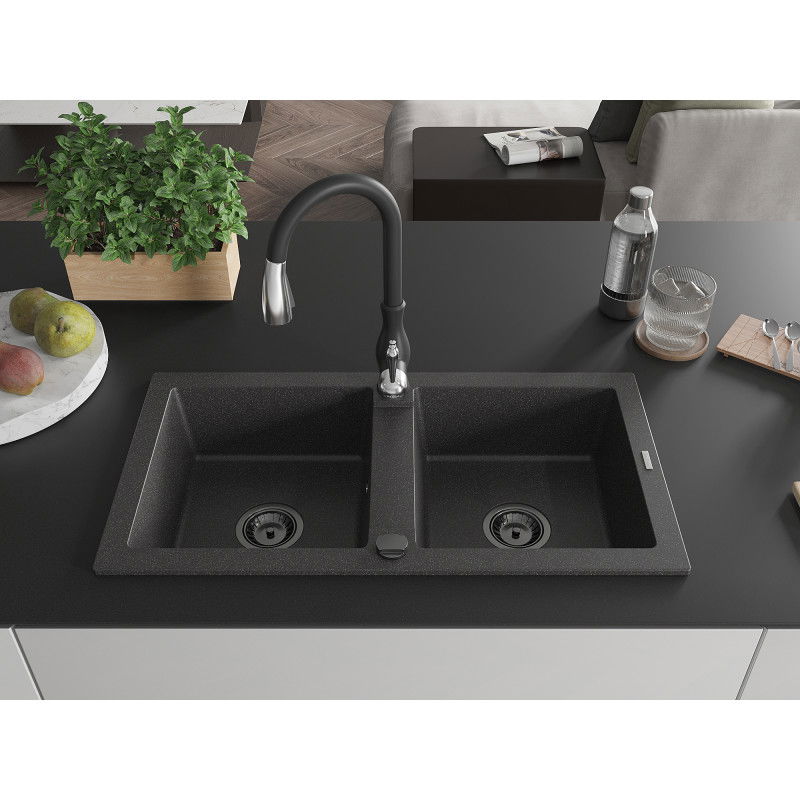 Mexen Mario двоен кухненски гранитен мивка със смесител Savita, черен на пръски - 6504-76-672601-70-B