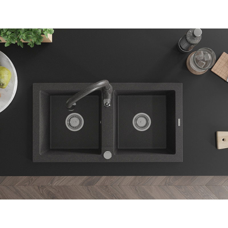Mexen Mario двукамерна гранитна кухненска мивка с кухненски смесител Savita, черен с пръски - 6504-76-672601-76