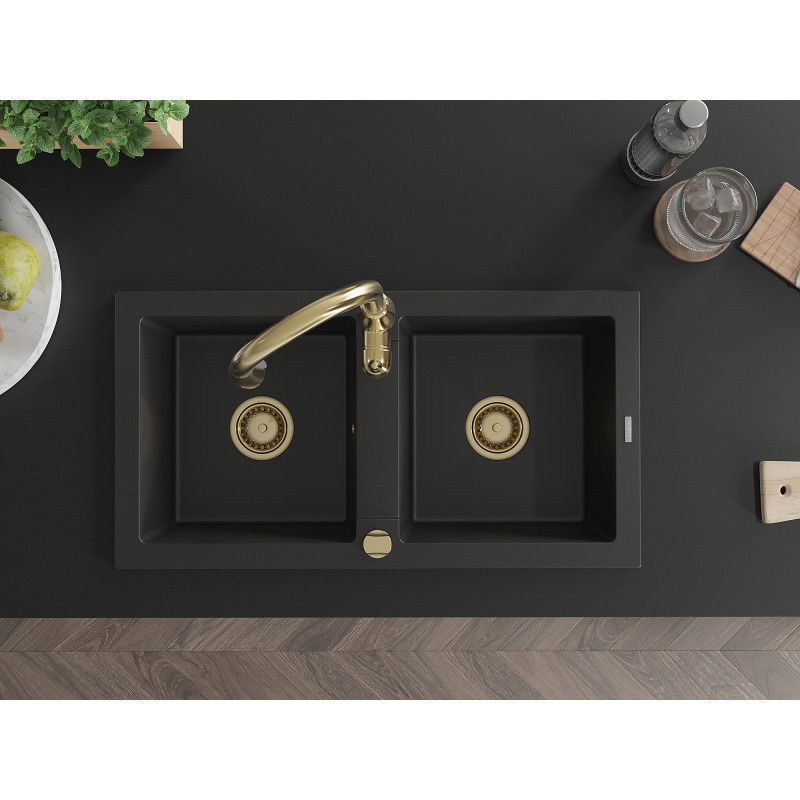 Mexen Mario двукамерна гранитна мивка с кухненски смесител Savita, черен - 6504-77-672601-50