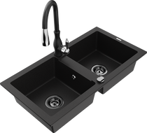 Mexen Mario двоен гранитен кухненски мивка с батерия Savita, черен - 6504-77-672601-70-B