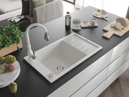 Mexen Elias гранитна мивка с едно корито с отцедник и кухненски смесител Savita, бял - 6511-20-672601-20