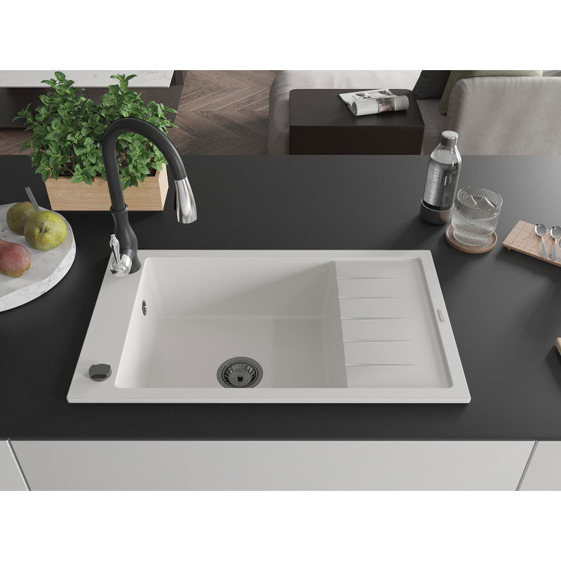 Mexen Elias гранитна мивка с 1 отделение с отцедник и кухненски смесител Savita, бял - 6511-20-672601-70