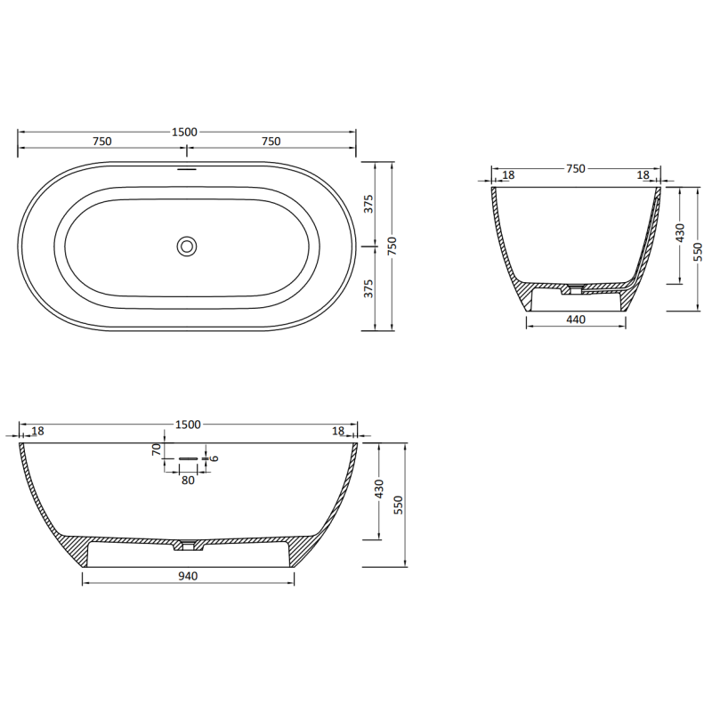 Mexen Rimini самостоятелна вана от конгломерат 150 x 75 см, черен мат - 57241507570