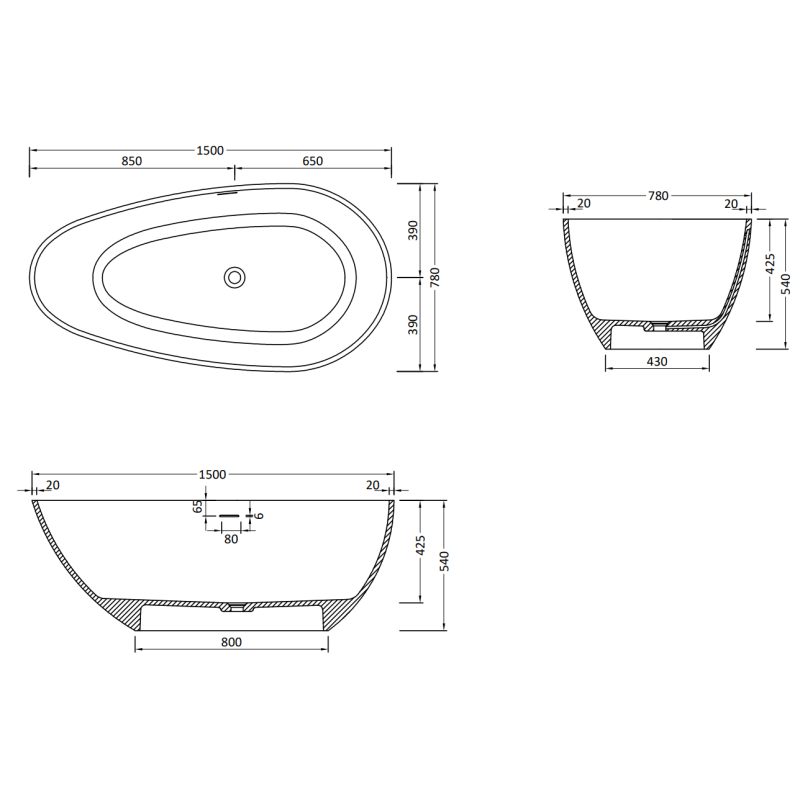 Mexen Palermo свободностояща вана от конгломерат 150 x 78 см, бял мат - 57211507800